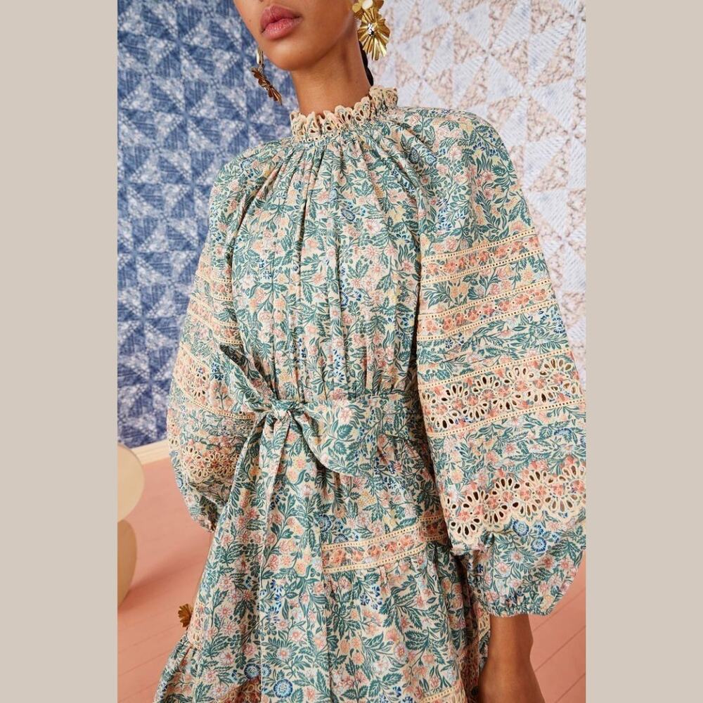 Ulla Johnson Dress Floral Cotton Mini Long Sleeve Green Pink Boho Ardith Sz 8 - Picture 4 of 14